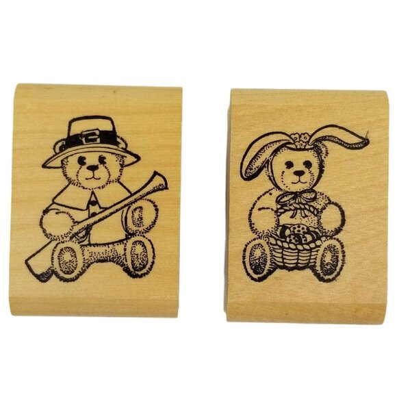 Unmarked Wood Rubber Stamps Thanksgiving Pilgrim Bear Easter Bunny Rabbit Set - Picture 1 of 9